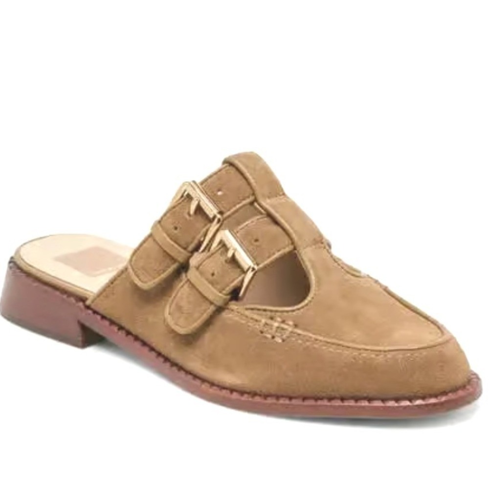 Dolce Vita Size 8 Haydee Tan Suede Double Buckle Mule Loafer Shoes